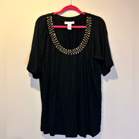 Design History Tops - Women's Plus Size 2X Design History Black Beaded Neck Short Sleeve Top Shirt